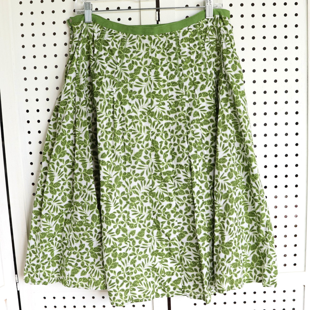 Liz Claiborne Green White Leaf Pattern Cotton Midi A-Line Skirt Women SIZE 10
